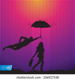 Man is protecting a women with a umbrella, vector Eps10 illustration.
