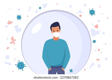Man in protection bubble vector illustration. Cartoon male character wearing medical mask to protect health from allergy and infection, healthy habits for disease prevention