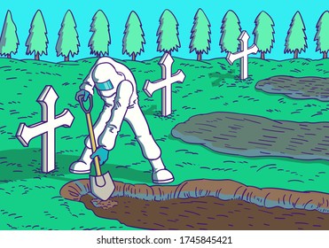 a man in protection disease suit digging graves is death from coronavirus covid-19