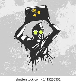 Man in a Protection Gas mask suit is  Carrying a Barrel of Nuclear Garbage, Street art Graffiti painting isolated on a Grunge wall, Vector illustration.