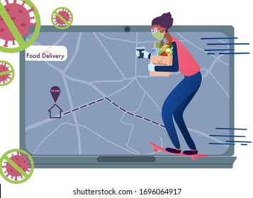 Man in protection mask and gloves delivers food on skate. Online delivery service from grocery store and restaurants. Fast safe food delivery.  Flat vector