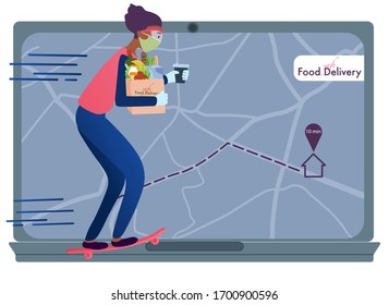 Man in protection mask and gloves delivers food on skate. Online delivery service from grocery store and restaurants. Fast safe food delivery.  Flat vector