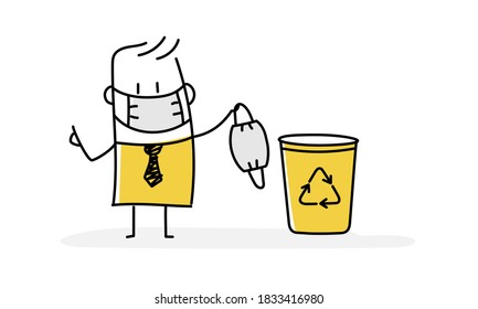Man in protection mask throws a mask into a trash can. Hand drawn vector illustration.