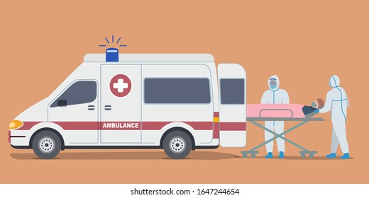 Man in protection suit Moving an infected patient into ambulance car