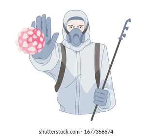 Man in protection suit stop the covid-19