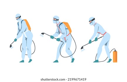 Man in Protective Antiviral Suit Spraying Disinfectant Agent as Preventive Measure Against Spread of Coronavirus Disease Vector Set
