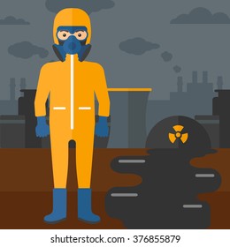 Man in protective chemical suit.