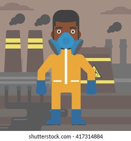 Man in protective chemical suit.