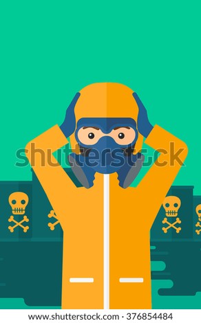 Man in protective chemical suit.