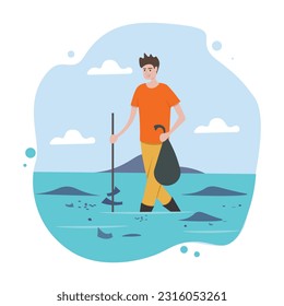 Hombre con ropa de protección y zapatos parados en el río y recogiendo basura. Protección ambiental y cuidado de la naturaleza. Voluntarios cuidando el medio ambiente. Ilustración plana vectorial en colores azules