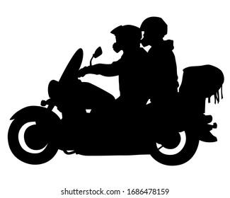 Man in protective clothing rides a retro bike. Isolated silhouette on a white background