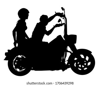 Man in protective clothing rides a retro bike. Isolated silhouette on a white background