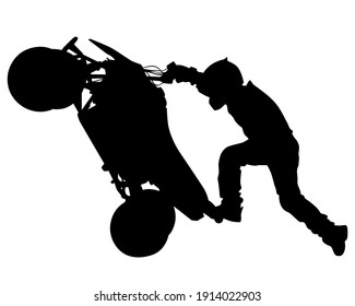 Man in protective clothing rides a retro bike. Isolated silhouette on a white background