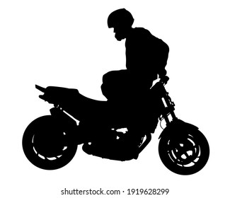 Man in protective clothing rides a retro bike. Isolated silhouette on a white background