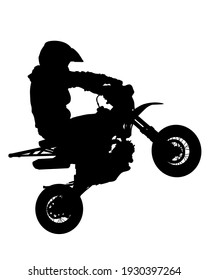 Man in protective clothing rides a retro bike. Isolated silhouette on a white background