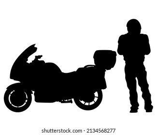 Man in protective clothing rides sport bike. Isolated silhouette on a white background