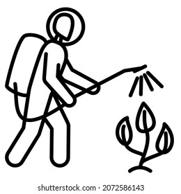 A man in protective clothing sprays plants. Vector icon, outline, isolated. Editable stroke.