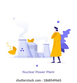 Man in protective coat looking at cooling towers of nuclear power plant. Concept of energy generation, electricity source, sustainable development. Modern flat vector illustration for poster, banner.