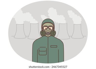 Man in protective costume and mask work at chemical plant suffer from hazardous evaporation. Male worker in protection gear suffer from pollution near factory. Vector illustration.
