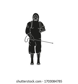 A man with protective equipment is disinfected with a sprayer in the city. Surface treatment due to covid-19 coronavirus disease. Vector illustration for web and mobile design.