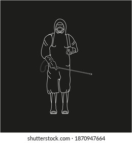 A man with protective equipment is disinfected with a sprayer in the city. Surface treatment due to covid-19 coronavirus disease. Vector illustration for web and mobile design.