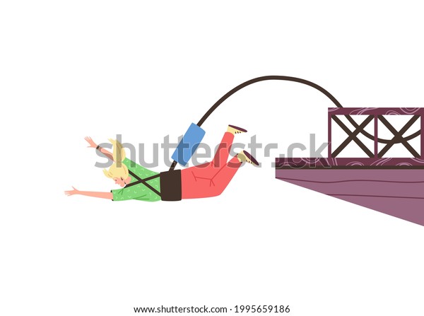 Man in protective equipment
jumping with bungee from bridge. Emblem or logo element for bungee
jumping sport, flat vector illustration isolated on white
background.