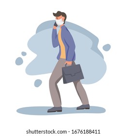Man  in protective face dust masks. People wearing protection from urban air pollution, smog, vapor. Coronavirus quarantine, respiratory virus concept. Flat cartoon  vector illustration. 