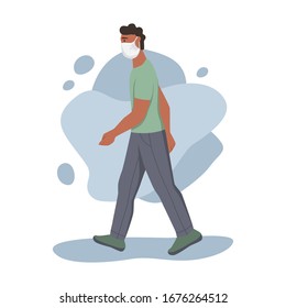 Hombre con máscaras de polvo protectoras. Gente que usa protección contra la contaminación del aire urbana, smog, vapor. Cuantina de coronavirus, concepto de virus respiratorio. Dibujo vectorial plano. 