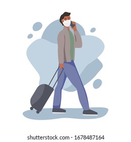 Man  in protective face dust masks. People wearing protection from urban air pollution, smog, vapor. Coronavirus quarantine, respiratory virus concept. Flat cartoon  vector illustration. 