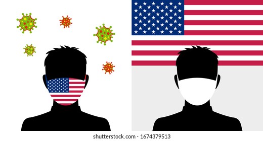 Man In Protective Face Mask With American Flag And Virus Icon