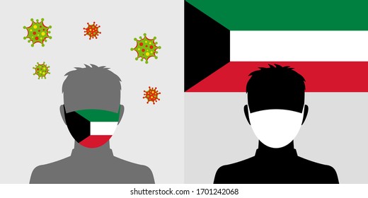Hombre con máscara protectora con bandera kuwait e icono del virus