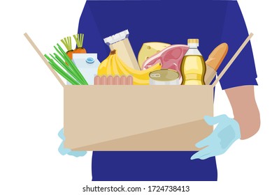 A man in protective gloves holds in his hands a cardboard box with food. Food delivery. Donations during the epidemic. Vector illustration