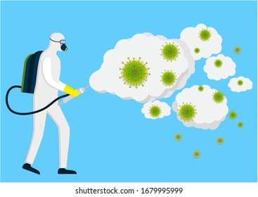 Man in protective hazmat suit are cleaning and disinfecting coronavirus. Disinfecting Wuhan 2019-nCoV