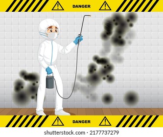 Man in protective hazmat suit cleaning mold on the wall illustration