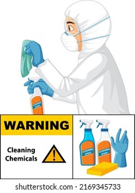 Man in protective hazmat suit with warning cleaning chemicals sign illustration