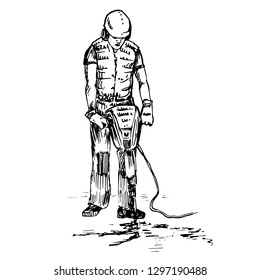 Man in protective headphones and helmet with pneumatic hammer drill equipment breaking asphalt (handy concrete breaker), hand drawn doodle, sketch, black and white vector illustration