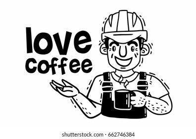 Man in protective helmet with a cup in his hand love coffee