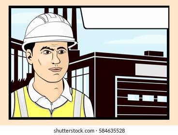 Man in protective helmet and high visibility vest. Flat vector.