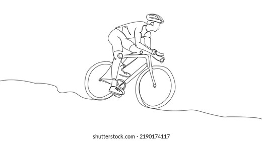 Man In A Protective Helmet Rides A Bicycle One Line Art. Continuous Line Drawing Sports, Training, Sport, Leisure, Race, Bike, Cycle Racing, Tricks, Street Culture, Urban, Extreme, Woman, Man.