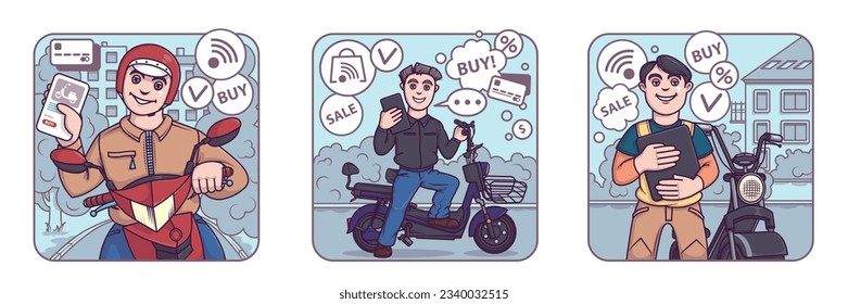 Man in protective helmet riding new scooter. Male paying online, buying products on sale. Buying transport online via internet, using modern gadget. Flat vector illustration in cartoon style