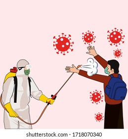 A man in a protective jacket sprays and disinfects an infected person from Coronavirus. Vector illustration of virus disinfection prevention concept. Clean germs, viruses, and bacteria in a flat designi