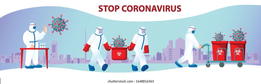 Un hombre con ropa de laboratorio de protección está estudiando un coronovirus. Las personas en contenedores transportan o transportan residuos de laboratorio. Signo de riesgo biológico. Ilustración vectorial de color.