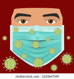 A man in a protective mask concept, Virus cells, Coronavirus 2019-nCoV, Lassa fever, warning, wear a mask, vector illustration.