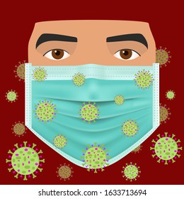 A man in a protective mask concept, Virus cells, Coronavirus 2019-nCoV, Lassa fever, warning, wear a mask, vector illustration.