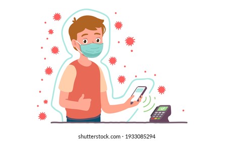 Man in protective mask with covering shield protection from corona viruses. Person making wireless payment with NFC phone on POS terminal. Safety during coronavirus epidemic flat vector illustration