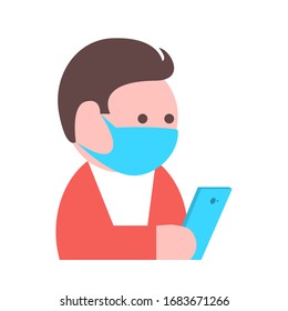 A man in a protective mask during an epidemic or quarantine. In the hands of a smartphone. Vector isolated illustration.