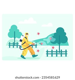 Man in protective mask and form walking outside with sprayer and performing disinfection. Protection from viruses concept. Flat vector illustration in cartoon style