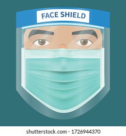 A man in a protective mask, protective glasses and face shield, Coronavirus 2019-nCoV, Lassa fever,  PM 2.5, warning, wear a mask, vector illustration, isolated on white background.