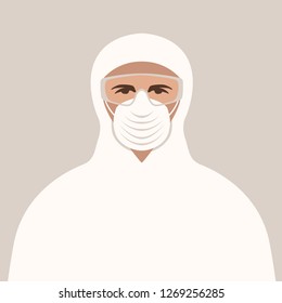 man in protective mask and glasses , vector illustration , front view