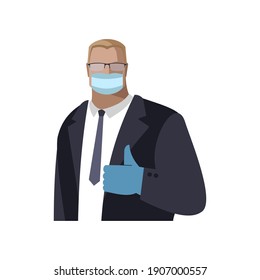 Un hombre con una máscara protectora y guantes, con un traje y corbata negro, muestra Su mano con un pulgar levantado, un hombre de negocios, un político, un empleado, un gerente. Imagen vectorial, avatar